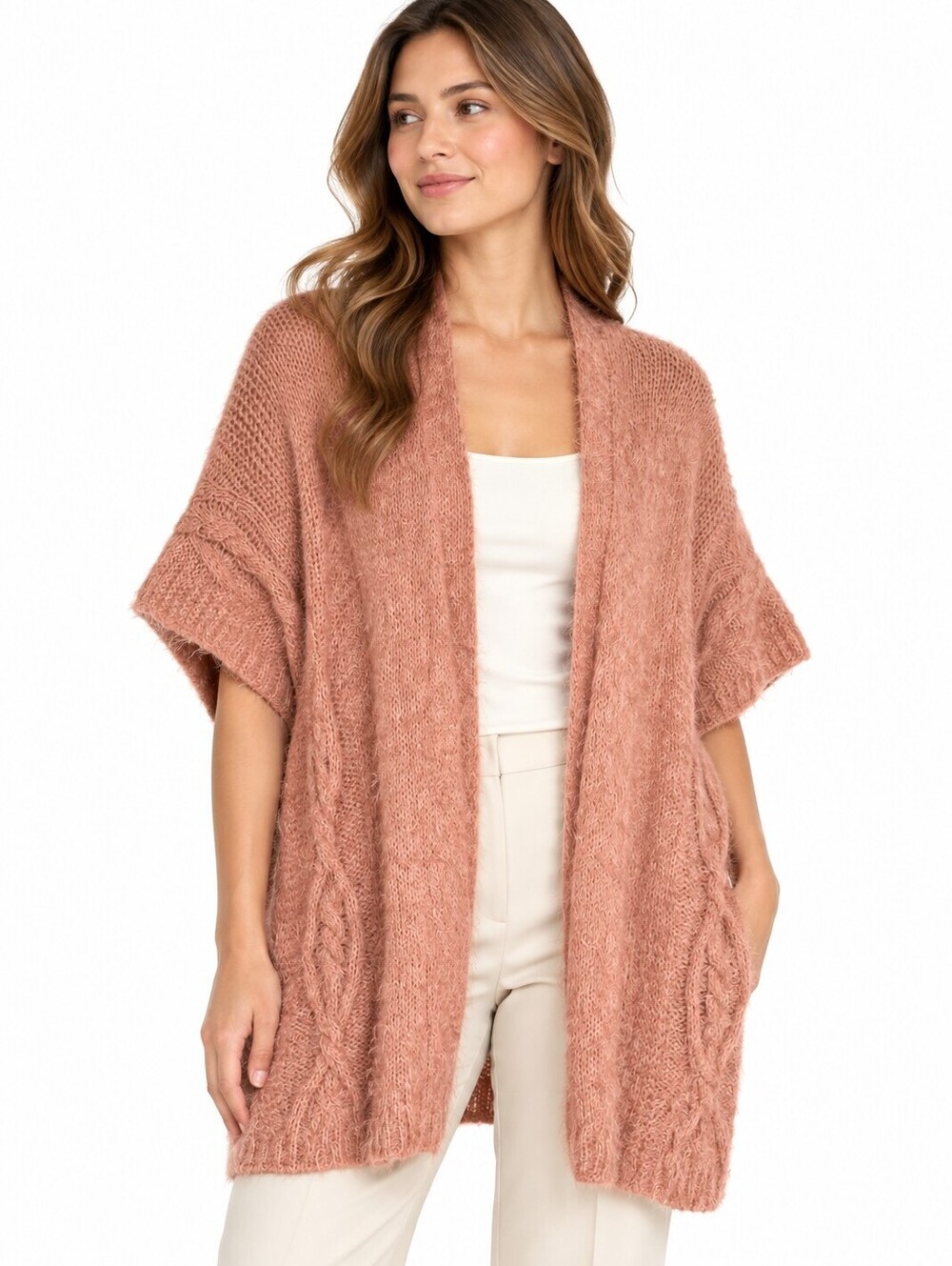 Adrienne Vittadini Studio Fuzzy Open Front Cardigan Dusty Rose Women’s - OS